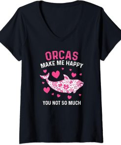 Womens Orcas Make Me Happy Orca V-Neck T-Shirt