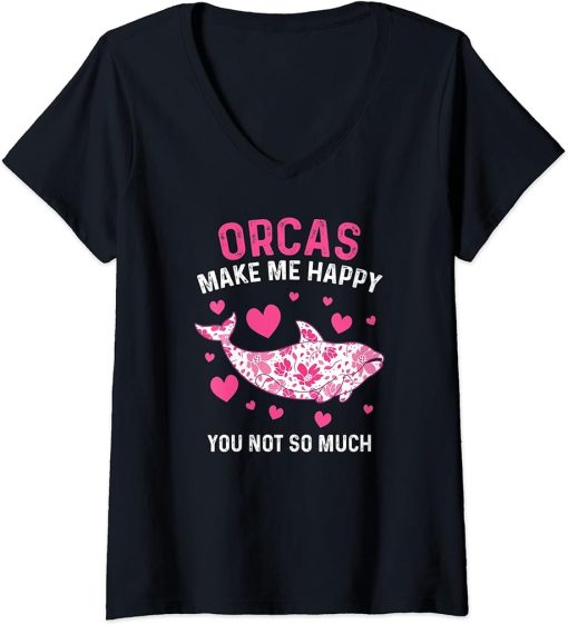 Womens Orcas Make Me Happy Orca V-Neck T-Shirt