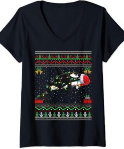 Womens Xmas Lights Ugly Sweater Style Santa Orca Fish Christmas V-Neck T-Shirt