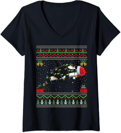 Womens Xmas Lights Ugly Sweater Style Santa Orca Fish Christmas V-Neck T-Shirt