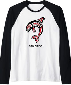 San Diego, California Native American Orca Killer Whale Raglan Baseball Tee