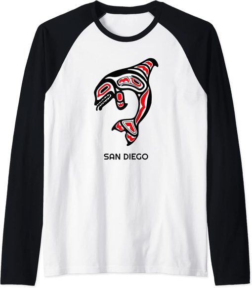 San Diego, California Native American Orca Killer Whale Raglan Baseball Tee